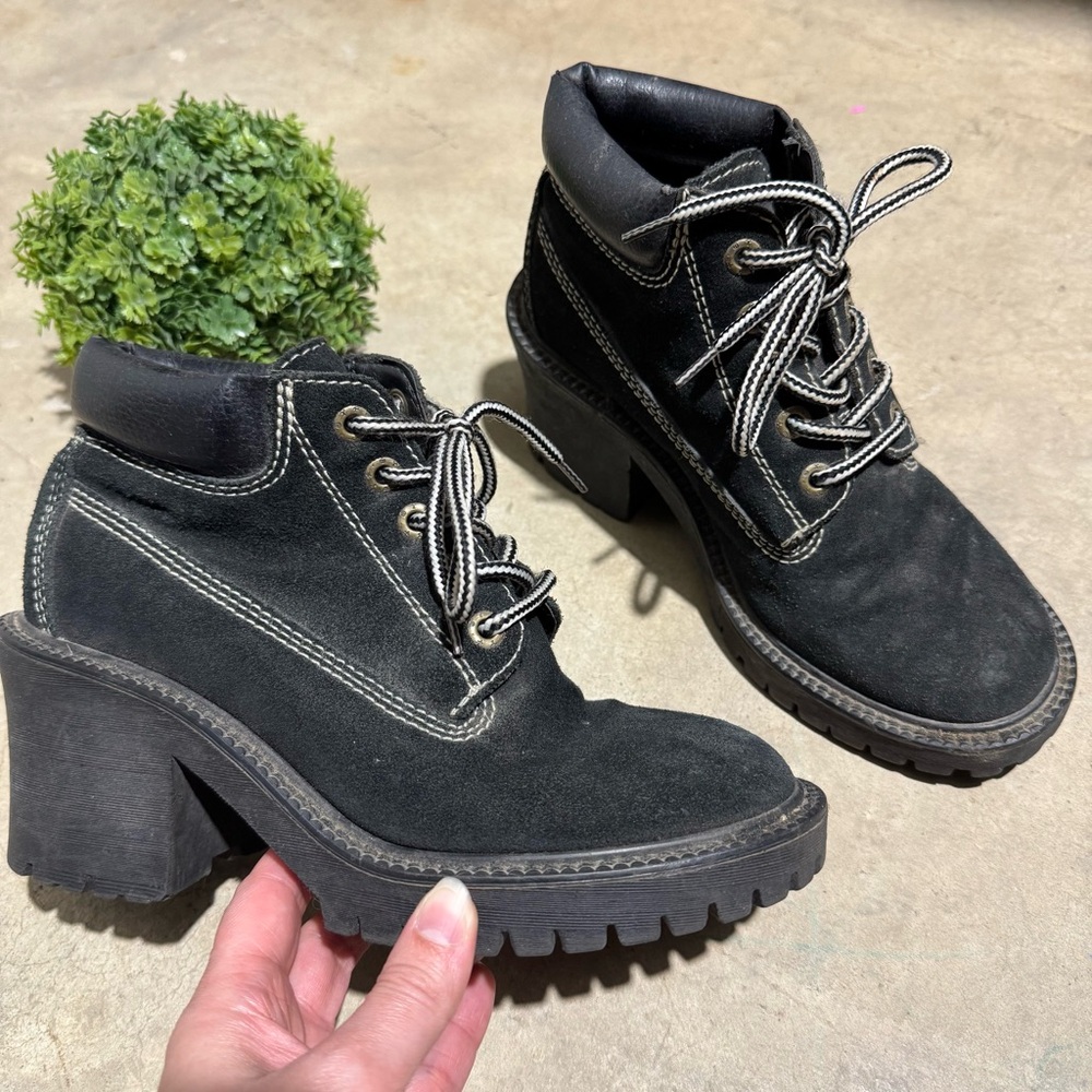 On Your Feet Y2K Black Gray Leather Lace Up Chunky Chonky Combat Boots Size‎ 7
